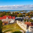 Panoramic view of small town Haapsalu from castle tower, coast of Baltic sea, Estonia