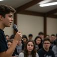 Eloquent Young Student Leader Speaking Into A Microphone, Addressing A Captivated Audience At A Youth Conference Or Seminar.
