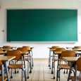 Photo Classroom Interior With School Desks Chairs And Green Board Empty School Classroom. High Quality