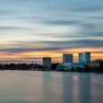 Sunset over Downtown Umea, Sweden and its river.