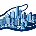Urban Cityscape Held Protectively In Open Hands Blue Illustration