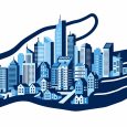 Urban Cityscape Held Protectively In Open Hands Blue Illustration