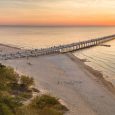 Drone aerial view of Palanga bridge, Lithuania. Sunset moment