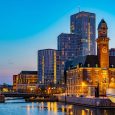 Sunset view of skyline of Malmo dominated by the world maritime university, Sweden