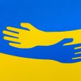 Support for Ukraine. Embrace icon, arms hugging, War in Ukraine, attack from Russia. Papercut, hands hug linear vector logo template. Care, love and charity symbol, hand drawn vector illustration. War in Ukraine, attack from Russia