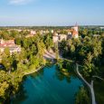 Aerial view of beautiful ruins of ancient Livonian castle in old town of Cesis, Latvia. Located within Gauja national park