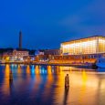 Night view of Sibelius Hall in Lahti, Finland.