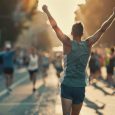 Triumphant runner raises fists in victory, cheered on by marathon spectators.