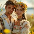 Young Married Lithuanian Couple Standing Together In Grass Field, Wearing Traditional Floral Wreaths And Embroidered Outfits On Their Wedding Day, Celebrating Cultural Heritage Outdoors